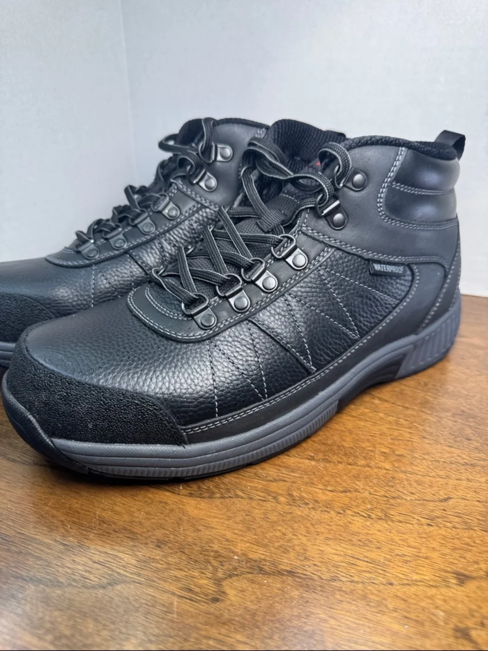 OrthoFeet Men's Hunter Waterproof Black Leather Work Lace-up Boots Shoes, 9D